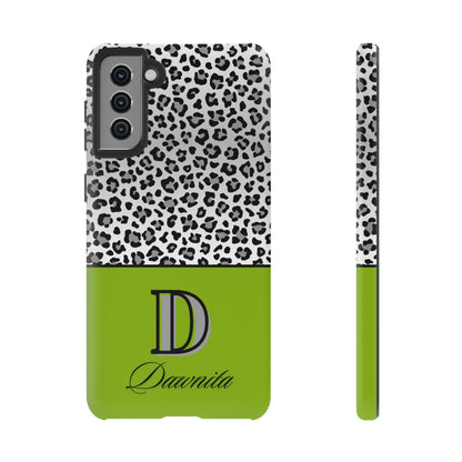 Gray Leopard Print and Green Personalized Name Phone Case - for iPhone, Samsung, and Google Phones