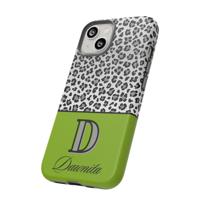 Gray Leopard Print and Green Personalized Name Phone Case - for iPhone, Samsung, and Google Phones