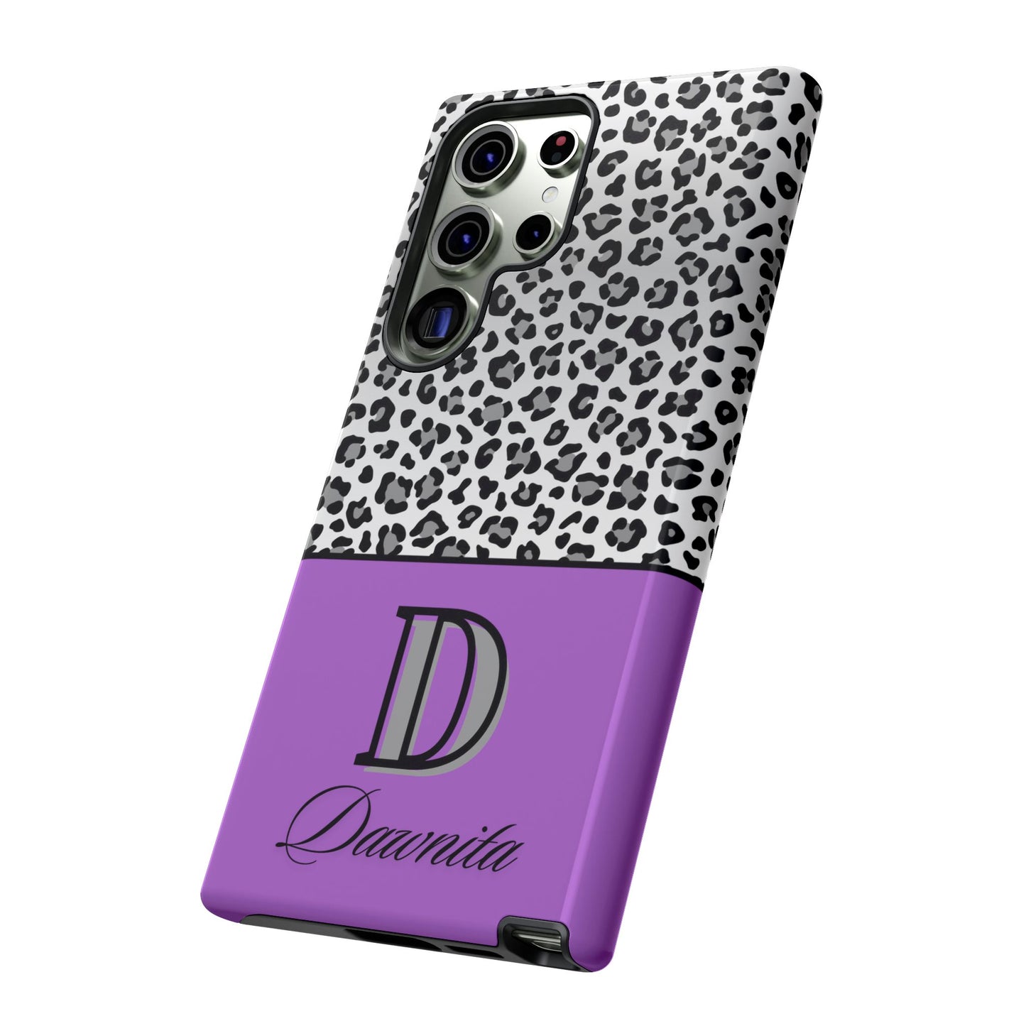 Gray Leopard Print and Purple Personalized Name Phone Case - for iPhone, Samsung, and Google Phones