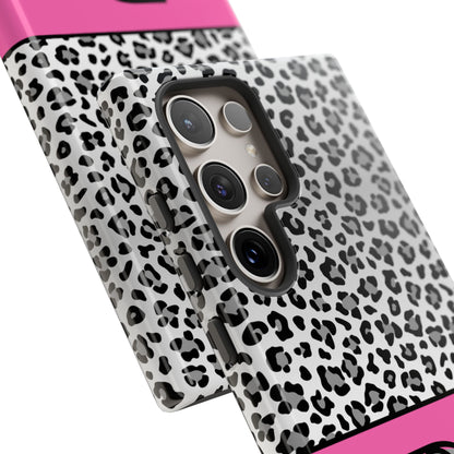 Gray Leopard Print and Pink Personalized Name Phone Case - for iPhone, Samsung, and Google Phones