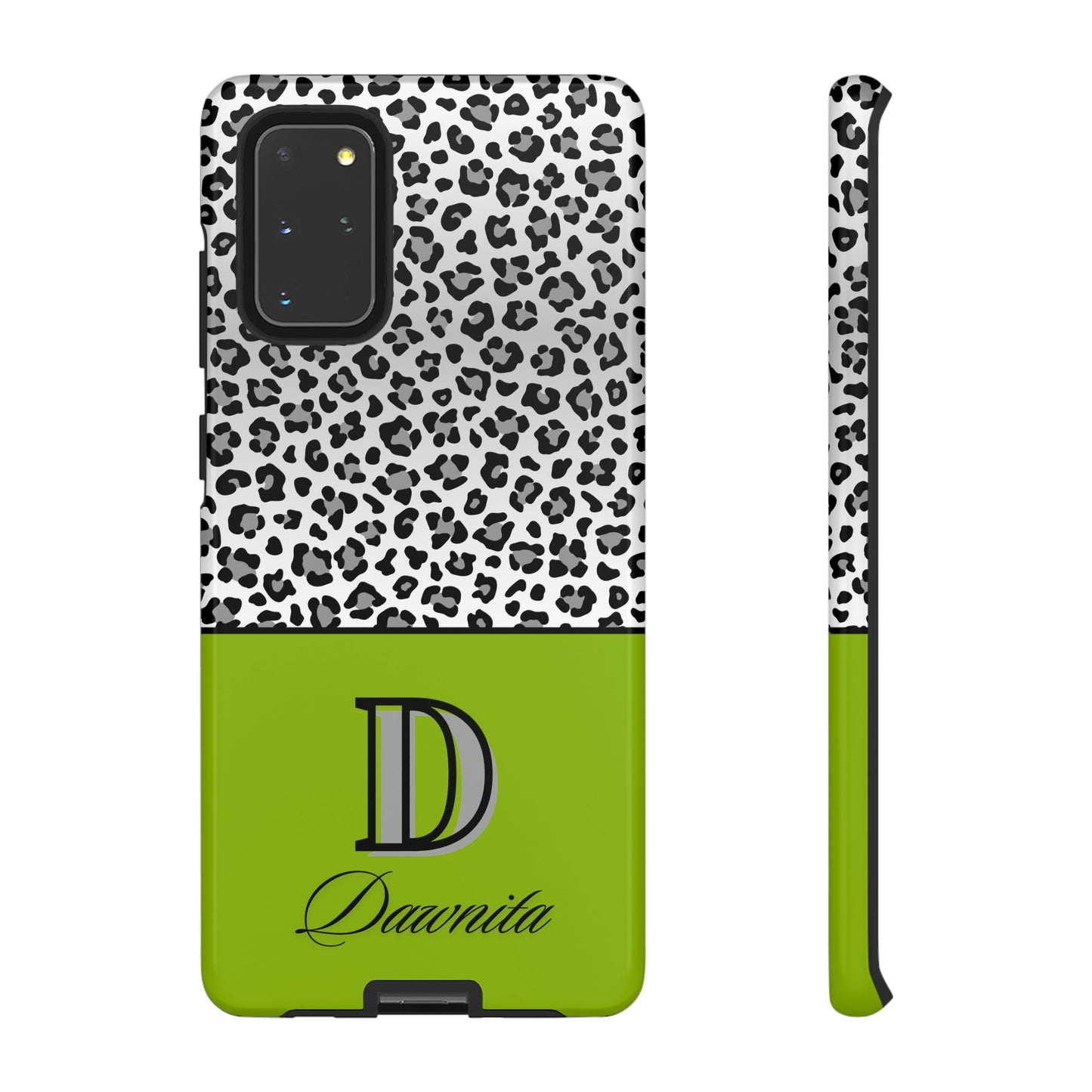 Gray Leopard Print and Green Personalized Name Phone Case - for iPhone, Samsung, and Google Phones