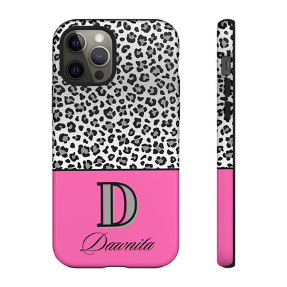 Gray Leopard Print and Pink Personalized Name Phone Case - for iPhone, Samsung, and Google Phones