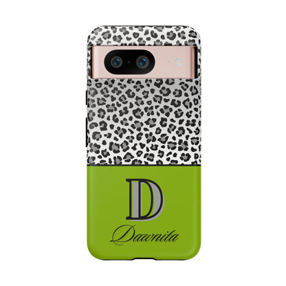 Gray Leopard Print and Green Personalized Name Phone Case - for iPhone, Samsung, and Google Phones