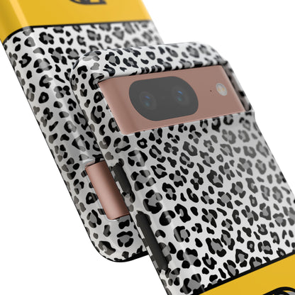 Gray Leopard Print and Yellow Personalized Name Phone Case - for iPhone, Samsung, and Google Phones