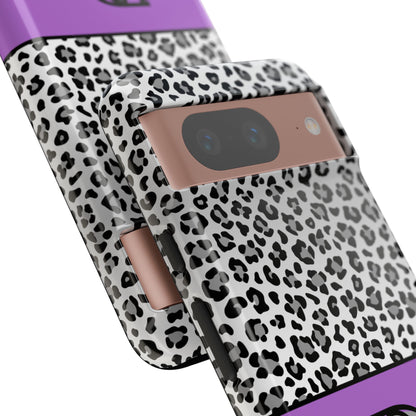 Gray Leopard Print and Purple Personalized Name Phone Case - for iPhone, Samsung, and Google Phones