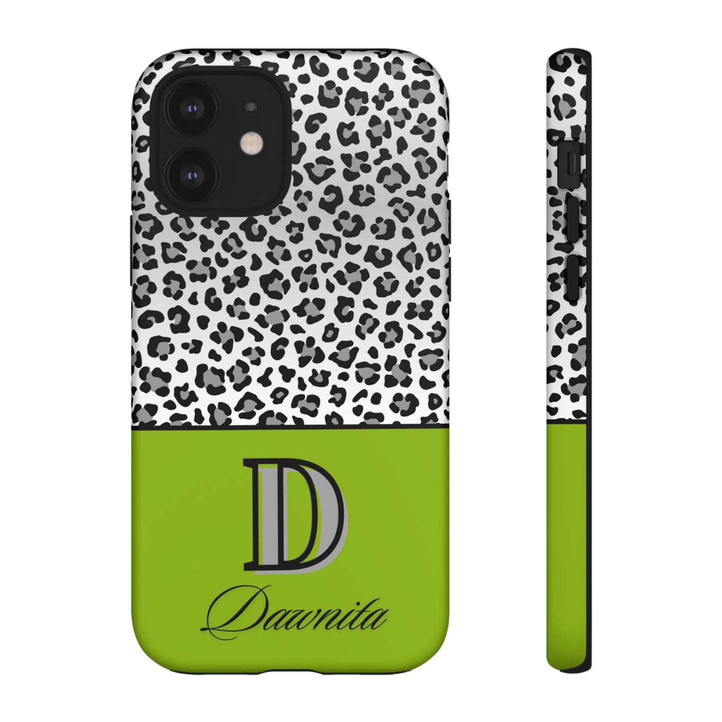 Gray Leopard Print and Green Personalized Name Phone Case - for iPhone, Samsung, and Google Phones