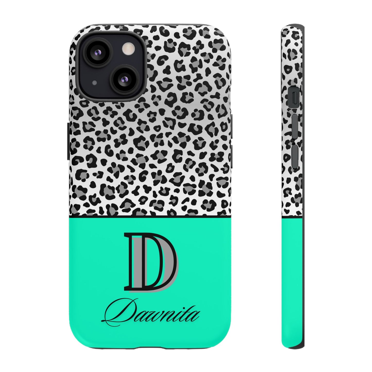 Gray Leopard Print and Teal Personalized Name Phone Case - for iPhone, Samsung, and Google Phones