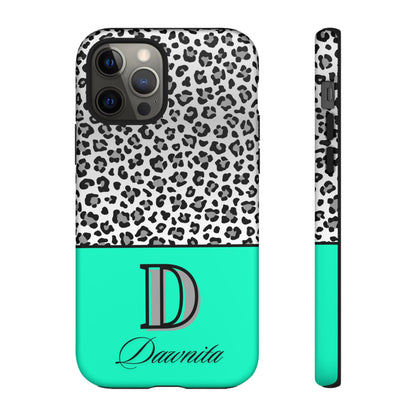 Gray Leopard Print and Teal Personalized Name Phone Case - for iPhone, Samsung, and Google Phones