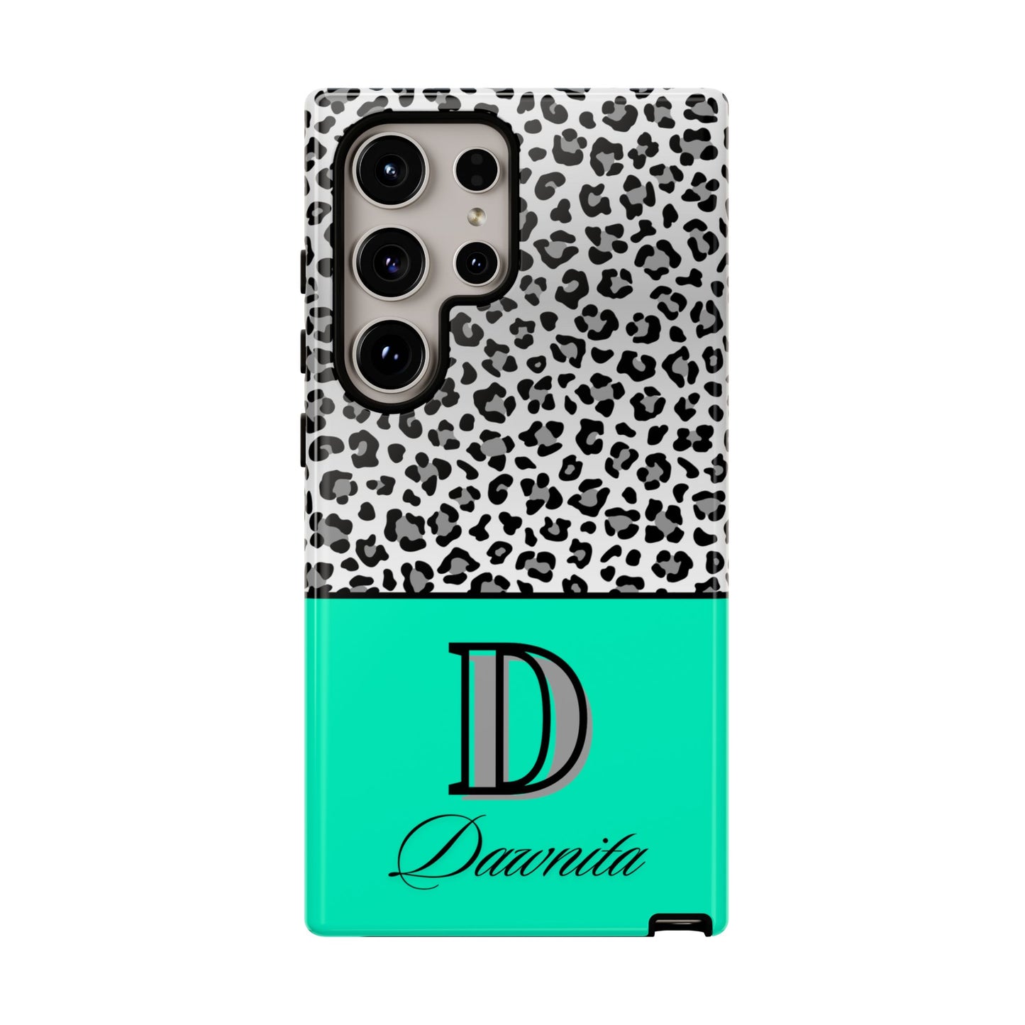 Gray Leopard Print and Teal Personalized Name Phone Case - for iPhone, Samsung, and Google Phones